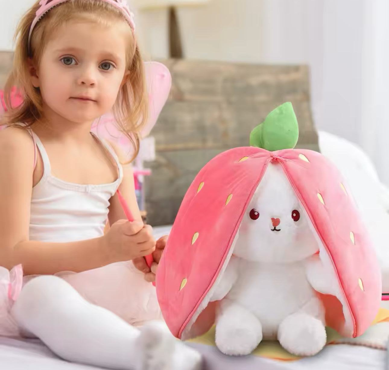 Easter Bunny Plush Reversible Carrot Strawberry Bunny Plush Toy Pillow Bunny With Zipper Birthday Gift For Boys Girls Kids Doll